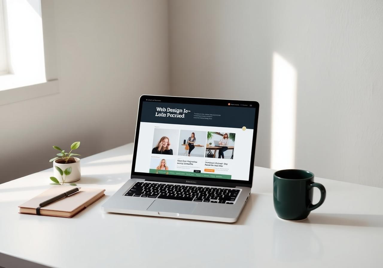 A clean workspace with a laptop showing a beautifully designed website